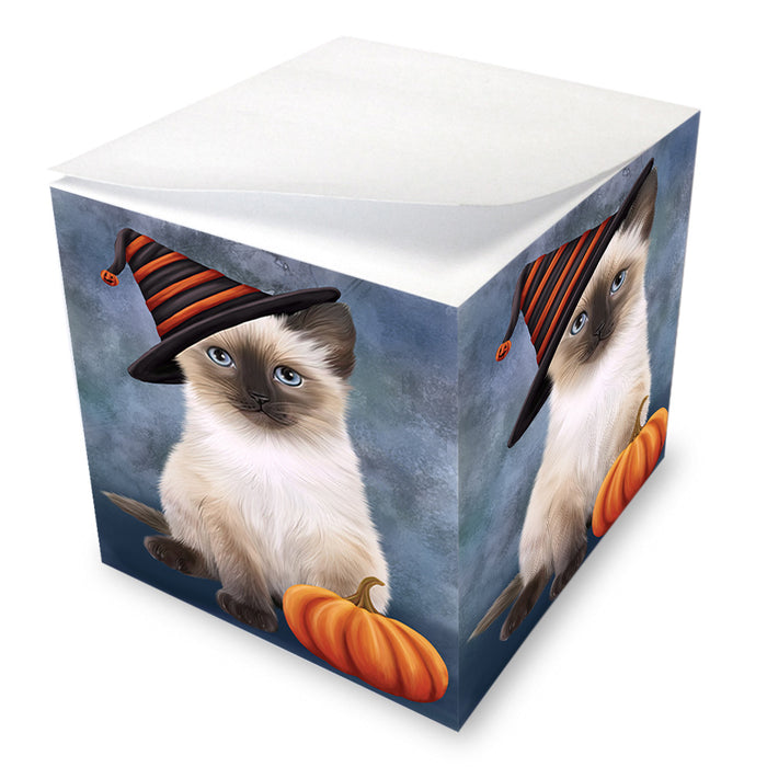 Happy Halloween Siamese Cat Wearing Witch Hat with Pumpkin Note Cube NOC56389