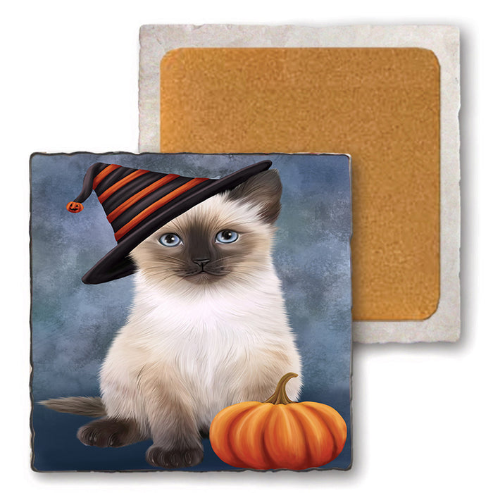 Happy Halloween Siamese Cat Wearing Witch Hat with Pumpkin Set of 4 Natural Stone Marble Tile Coasters MCST49743