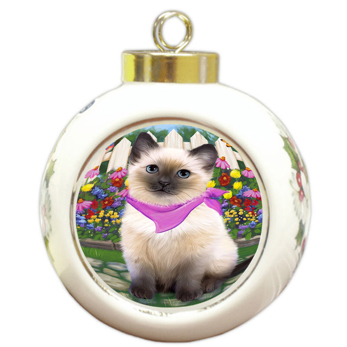 Spring Floral Siamese Cat Round Ball Christmas Ornament RBPOR52274