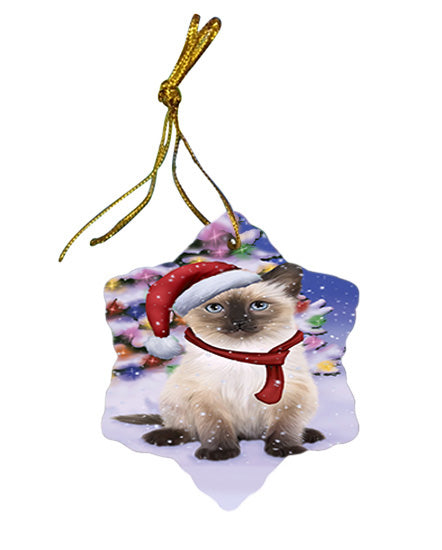 Winterland Wonderland Siamese Cat In Christmas Holiday Scenic Background Star Porcelain Ornament SPOR53769