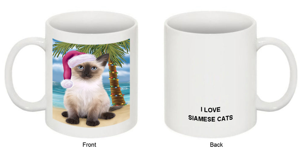 Summertime Happy Holidays Christmas Siamese Cat on Tropical Island Beach Coffee Mug MUG49850
