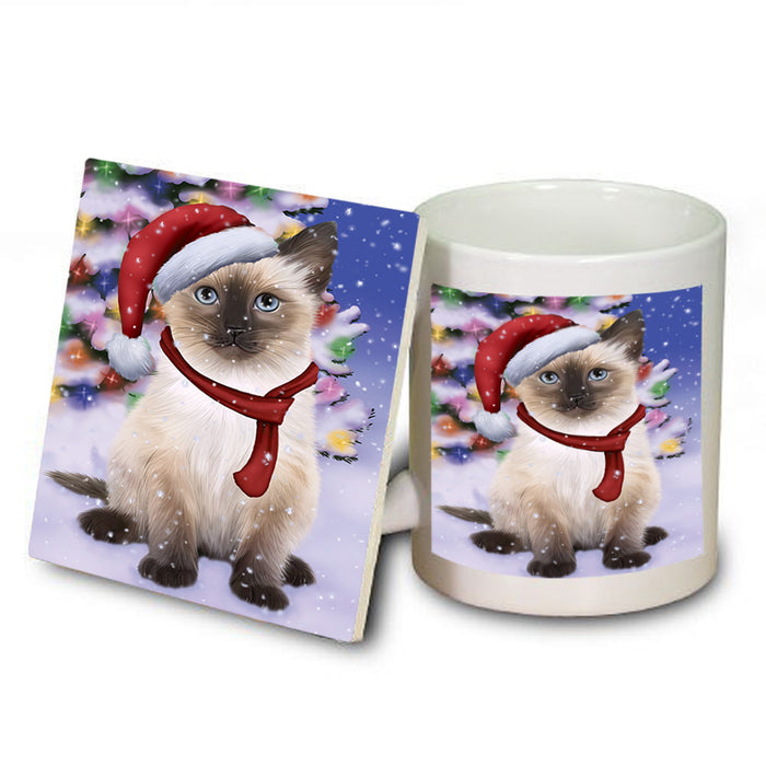 Winterland Wonderland Siamese Cat In Christmas Holiday Scenic Background Mug and Coaster Set MUC53770