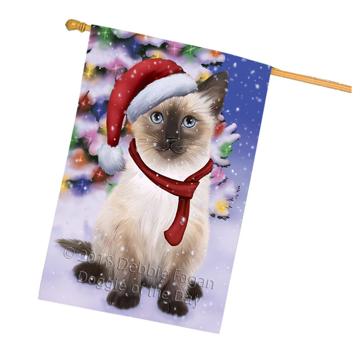 Winterland Wonderland Siamese Cat In Christmas Holiday Scenic Background House Flag FLG53976