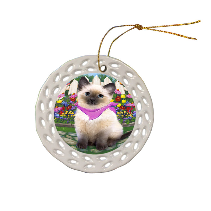 Spring Floral Siamese Cat Ceramic Doily Ornament DPOR52274