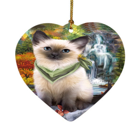 Scenic Waterfall Siamese Cat Heart Christmas Ornament HPOR51957