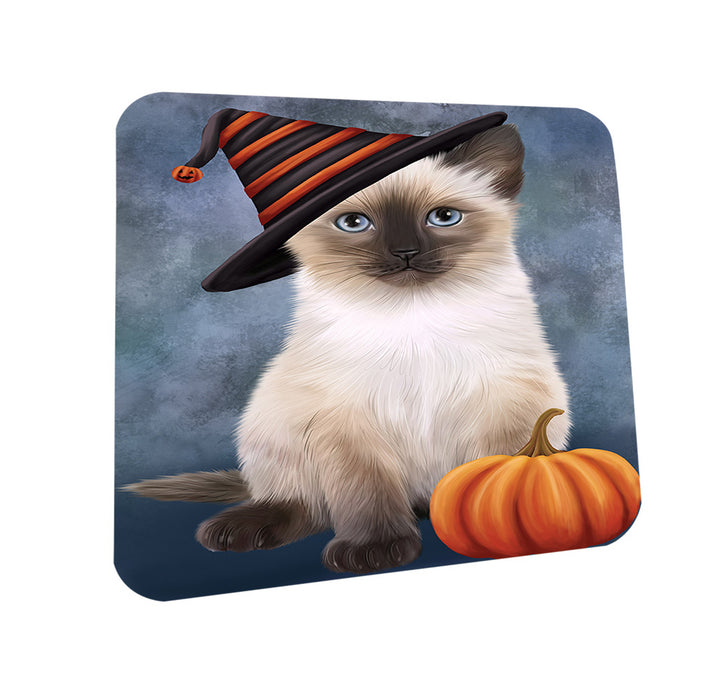 Happy Halloween Siamese Cat Wearing Witch Hat with Pumpkin Coasters Set of 4 CST54701