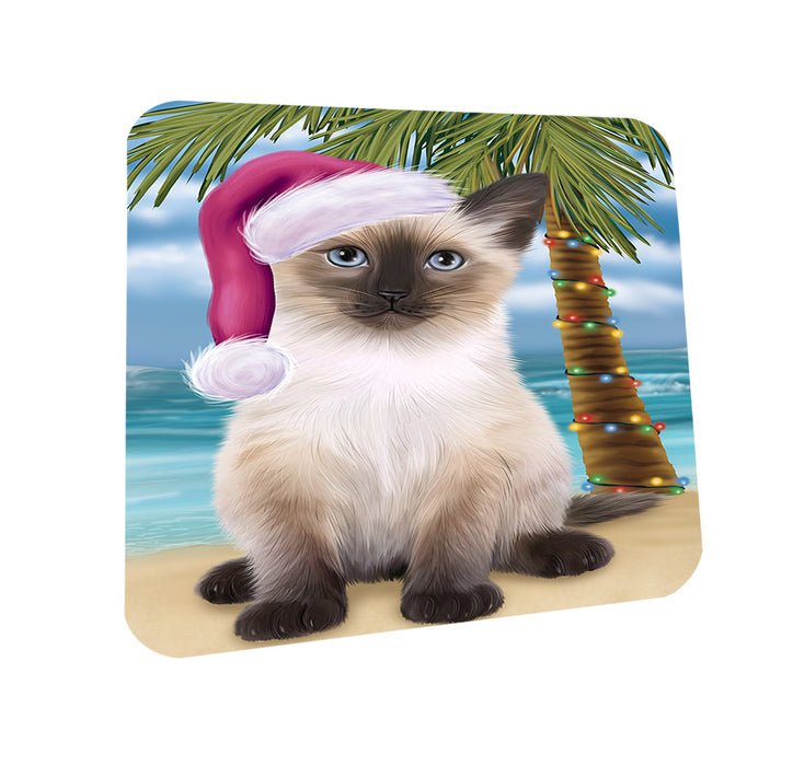 Summertime Happy Holidays Christmas Siamese Cat on Tropical Island Beach Coasters Set of 4 CST54410