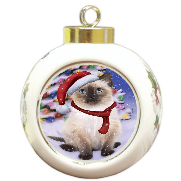 Winterland Wonderland Siamese Cat In Christmas Holiday Scenic Background Round Ball Christmas Ornament RBPOR53778