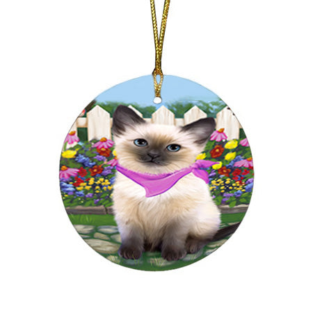 Spring Floral Siamese Cat Round Flat Christmas Ornament RFPOR52265