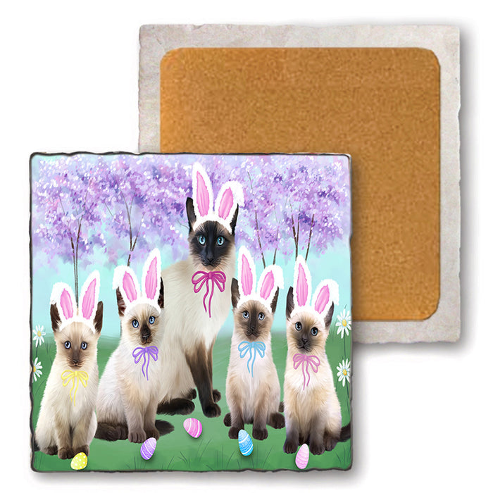 Easter Holiday Siamese Cats Set of 4 Natural Stone Marble Tile Coasters MCST51934