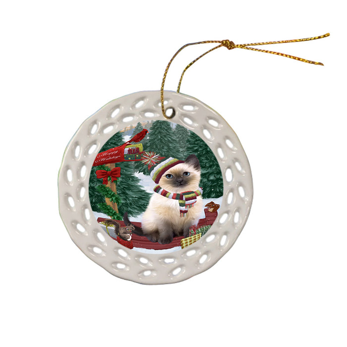Merry Christmas Woodland Sled Siamese Cat Ceramic Doily Ornament DPOR55399
