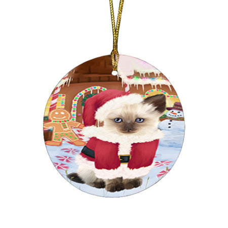 Christmas Gingerbread House Candyfest Siamese Cat Round Flat Christmas Ornament RFPOR56914