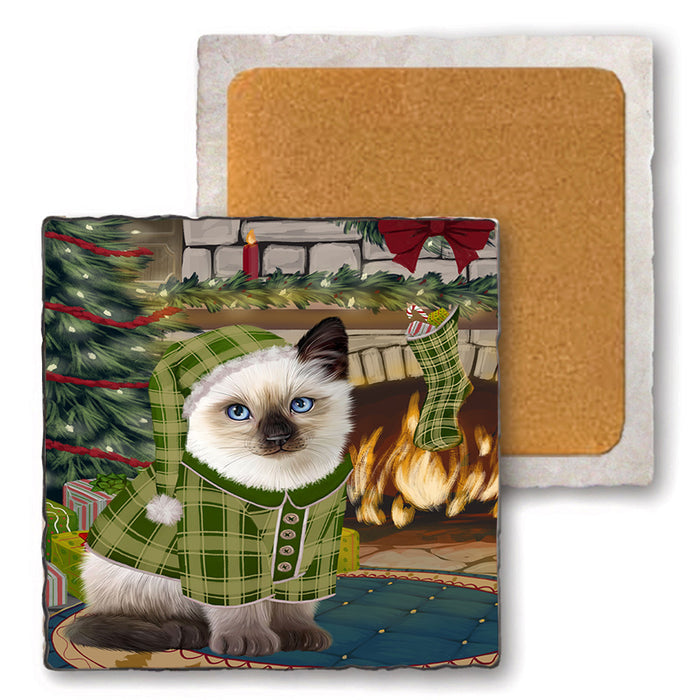 The Stocking was Hung Siamese Cat Set of 4 Natural Stone Marble Tile Coasters MCST50624