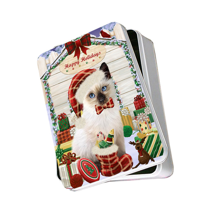 Happy Holidays Christmas Siamese Cat With Presents Photo Storage Tin PITN52684