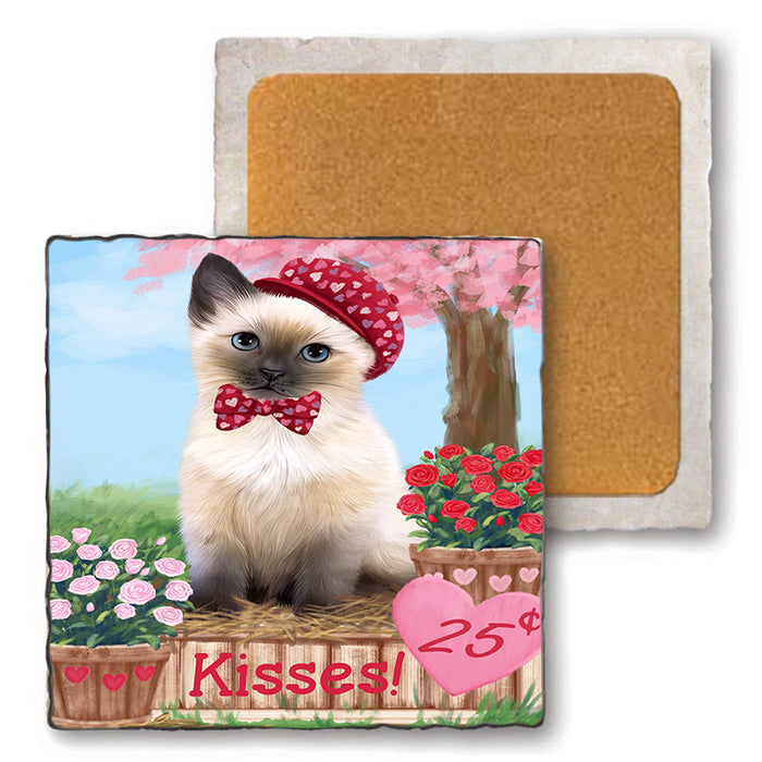 Rosie 25 Cent Kisses Siamese Cat Set of 4 Natural Stone Marble Tile Coasters MCST51039