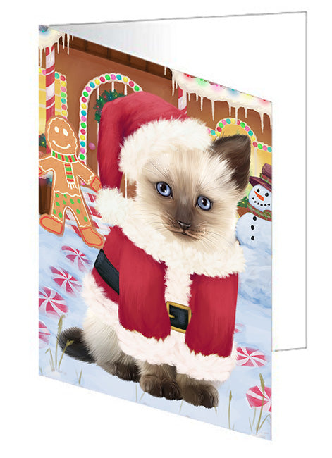Christmas Gingerbread House Candyfest Siamese Cat Handmade Artwork Assorted Pets Greeting Cards and Note Cards with Envelopes for All Occasions and Holiday Seasons GCD74189