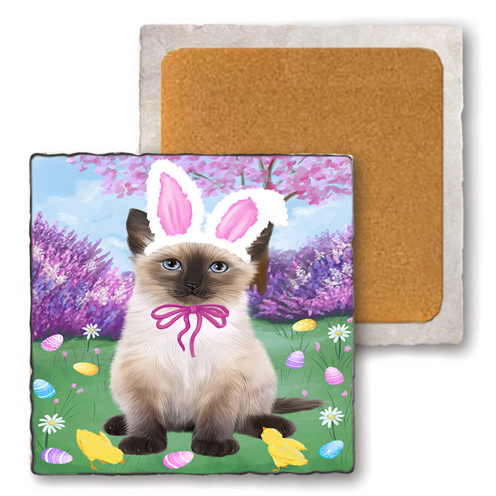 Easter Holiday Siamese Cat Set of 4 Natural Stone Marble Tile Coasters MCST51935