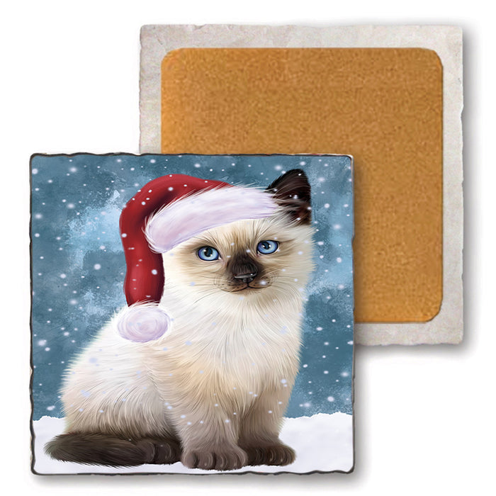 Let it Snow Christmas Holiday Siamese Cat Wearing Santa Hat Set of 4 Natural Stone Marble Tile Coasters MCST49325