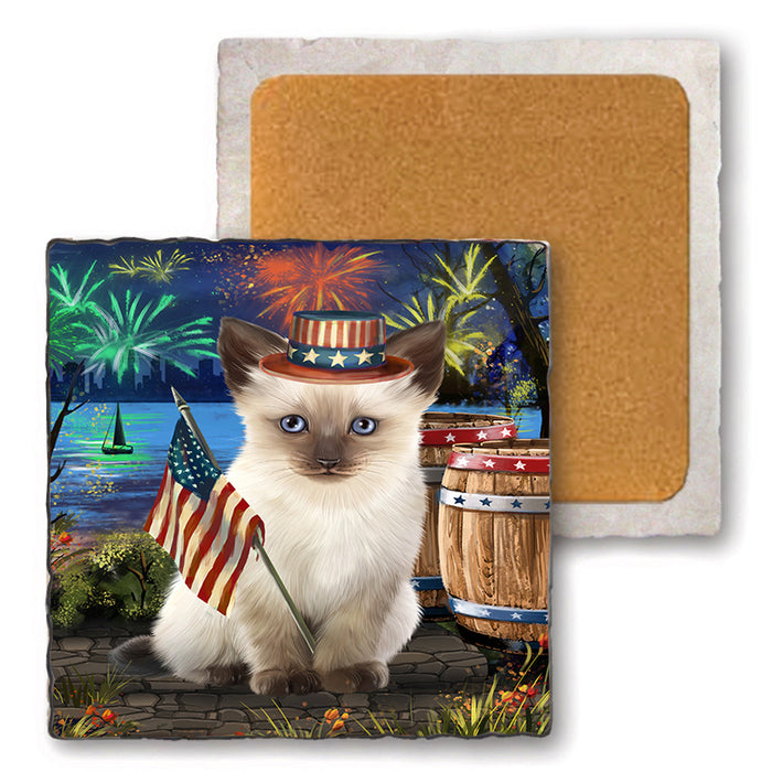 4th of July Independence Day Firework Siamese Cat Set of 4 Natural Stone Marble Tile Coasters MCST49074