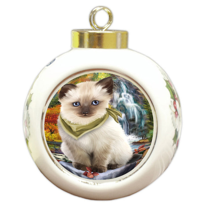 Scenic Waterfall Siamese Cat Round Ball Christmas Ornament RBPOR51958