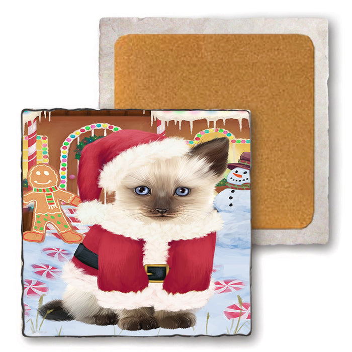 Christmas Gingerbread House Candyfest Siamese Cat Set of 4 Natural Stone Marble Tile Coasters MCST51558