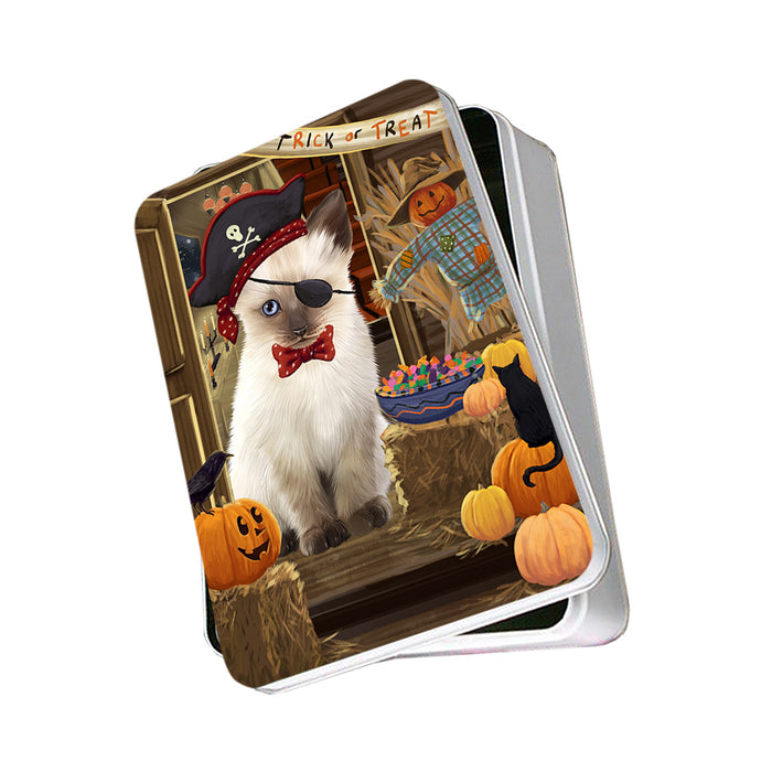 Enter at Own Risk Trick or Treat Halloween Siamese Cat Dog Photo Storage Tin PITN53296