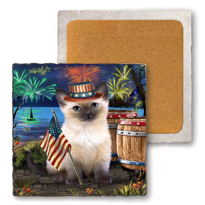4th of July Independence Day Firework Siamese Cat Set of 4 Natural Stone Marble Tile Coasters MCST49075