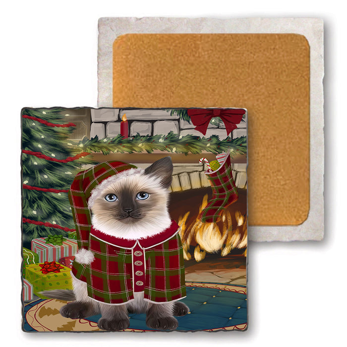 The Stocking was Hung Siamese Cat Set of 4 Natural Stone Marble Tile Coasters MCST50625