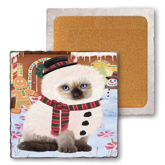 Christmas Gingerbread House Candyfest Siamese Cat Set of 4 Natural Stone Marble Tile Coasters MCST51559