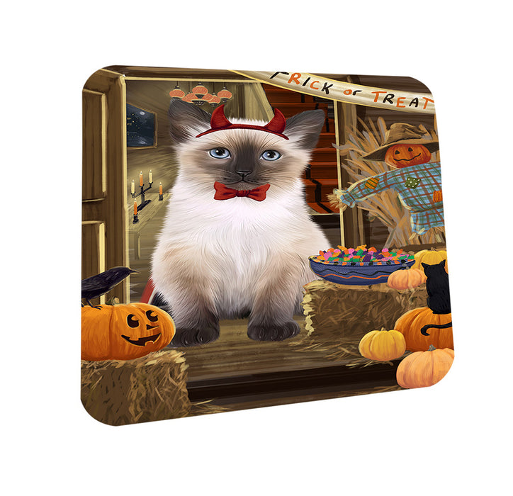Enter at Own Risk Trick or Treat Halloween Siamese Cat Dog Coasters Set of 4 CST53255