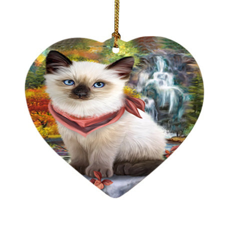 Scenic Waterfall Siamese Cat Heart Christmas Ornament HPOR51959