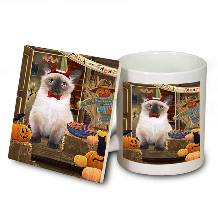 Enter at Own Risk Trick or Treat Halloween Siamese Cat Dog Mug and Coaster Set MUC53289