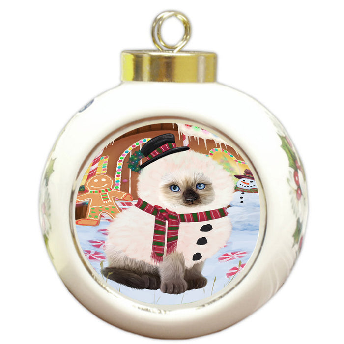Christmas Gingerbread House Candyfest Siamese Cat Round Ball Christmas Ornament RBPOR56915
