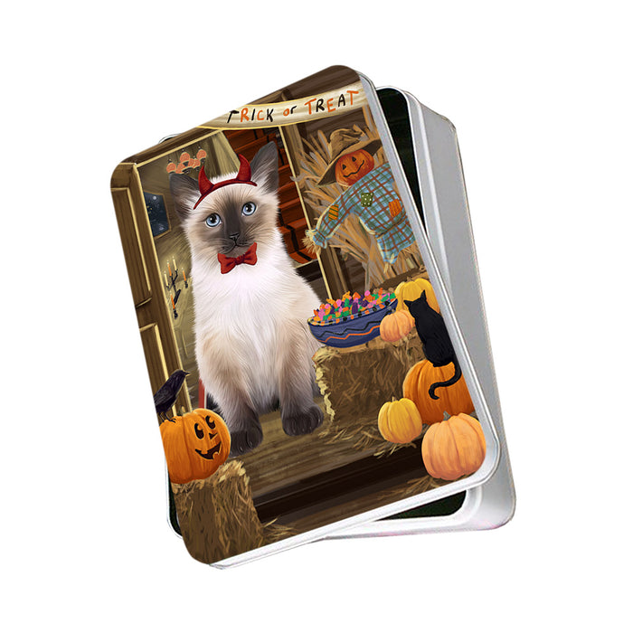 Enter at Own Risk Trick or Treat Halloween Siamese Cat Dog Photo Storage Tin PITN53297