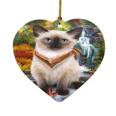 Scenic Waterfall Siamese Cat Heart Christmas Ornament HPOR51960