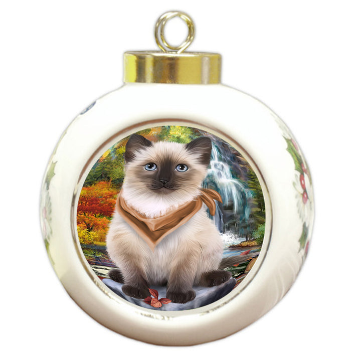 Scenic Waterfall Siamese Cat Round Ball Christmas Ornament RBPOR51960
