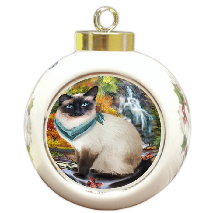 Scenic Waterfall Siamese Cat Round Ball Christmas Ornament RBPOR51961