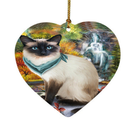 Scenic Waterfall Siamese Cat Heart Christmas Ornament HPOR51961