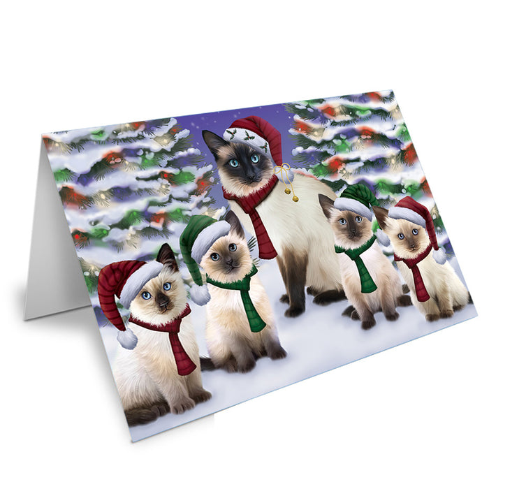 Siamese Cats Christmas Family Portrait in Holiday Scenic Background Handmade Artwork Assorted Pets Greeting Cards and Note Cards with Envelopes for All Occasions and Holiday Seasons GCD62186