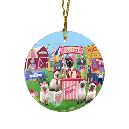 Carnival Kissing Booth Siamese Cats Round Flat Christmas Ornament RFPOR56284