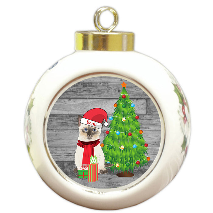Custom Personalized Siamese Cat With Tree and Presents Christmas Round Ball Ornament