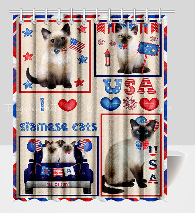 4th of July Independence Day I Love USA Siamese Cats Shower Curtain Pet Painting Bathtub Curtain Waterproof Polyester One-Side Printing Decor Bath Tub Curtain for Bathroom with Hooks