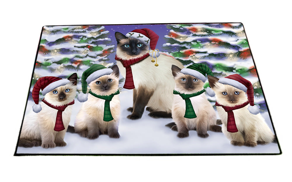 Siamese Cats Christmas Family Portrait in Holiday Scenic Background Floormat FLMS51954