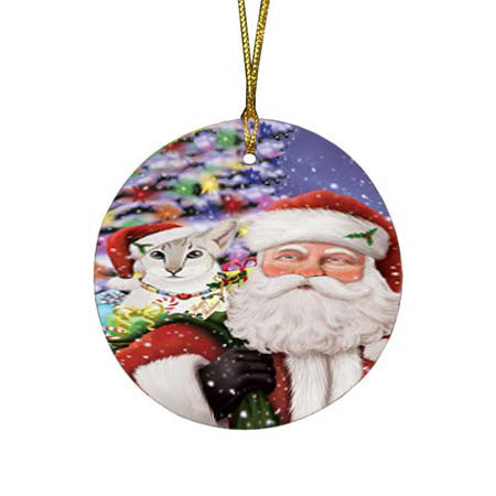 Santa Carrying Siamese Cat and Christmas Presents Round Flat Christmas Ornament RFPOR55882