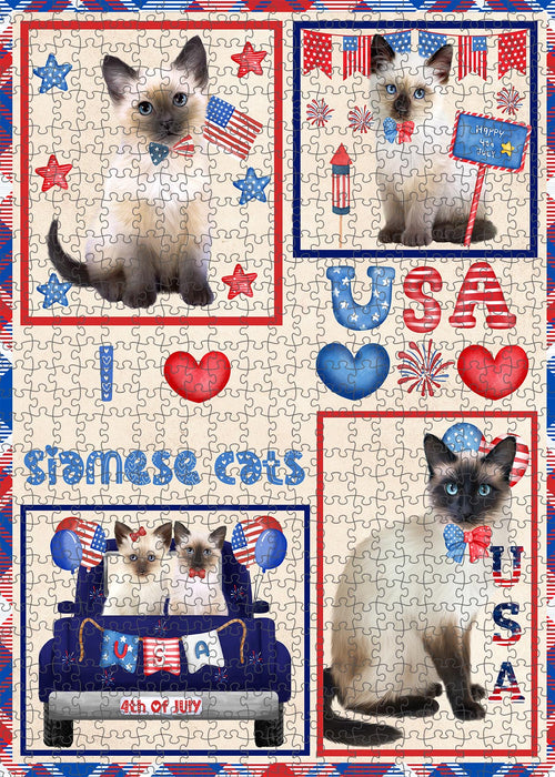 4th of July Independence Day I Love USA Siamese Cats Portrait Jigsaw Puzzle for Adults Animal Interlocking Puzzle Game Unique Gift for Dog Lover's with Metal Tin Box