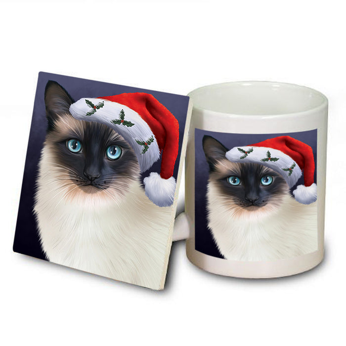 Christmas Holidays Siamese Cat Wearing Santa Hat Portrait Head Mug and Coaster Set MUC53496