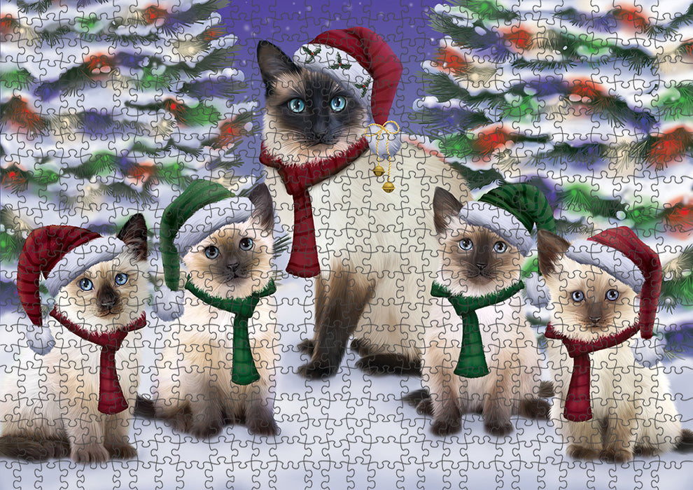 Siamese Cats Christmas Family Portrait in Holiday Scenic Background Puzzle with Photo Tin PUZL62088