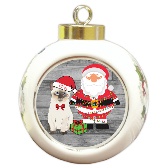 Custom Personalized Siamese Cat With Santa Wrapped in Light Christmas Round Ball Ornament