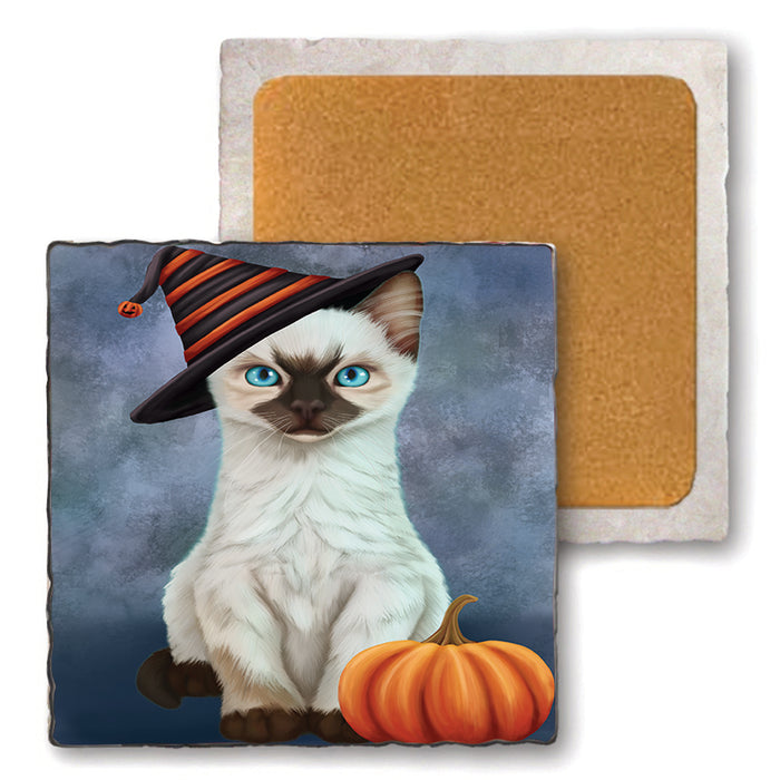 Happy Halloween Siamese Cat Wearing Witch Hat with Pumpkin Set of 4 Natural Stone Marble Tile Coasters MCST49807