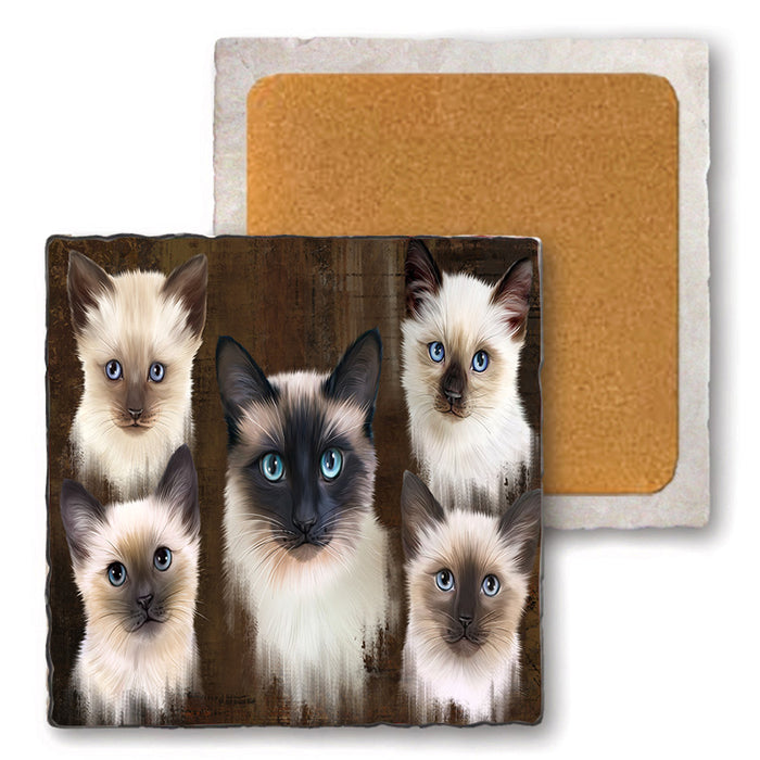 Rustic 5 Siamese Cat Set of 4 Natural Stone Marble Tile Coasters MCST49148